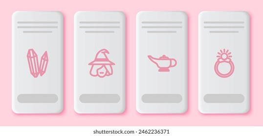 Set line Magic stone, Witch, lamp or Aladdin and ring with gem. White rectangle button. Vector