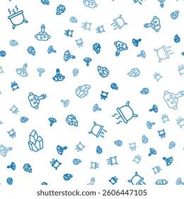 Set line Magic stone, Witch cauldron and Poison in bottle on seamless pattern. Vector