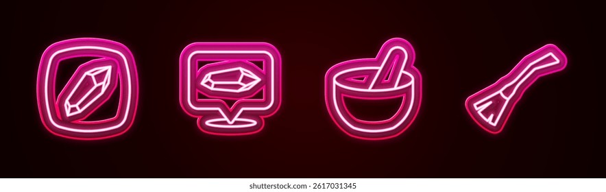 Set line Magic stone, Witch cauldron and Witches broom. Glowing neon icon. Vector