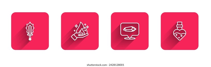 Espada mágica en fuego, mano sosteniendo, piedra y botella con poción con sombra larga. Botón cuadrado rojo. Vector