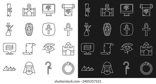 Set line Magic symbol of Ouroboros, Egyptian house, Cross ankh, Eye Horus on monitor, mummy in sarcophagus, Hookah, Papyrus scroll and  icon. Vector