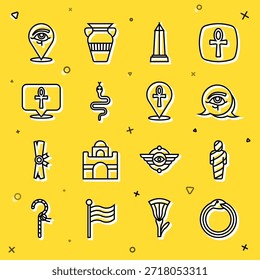 Set line Magic symbol of Ouroboros, Egypt mummy, Eye Horus, Obelisk Alexandria, Snake, Cross ankh,  and  icon. Vector