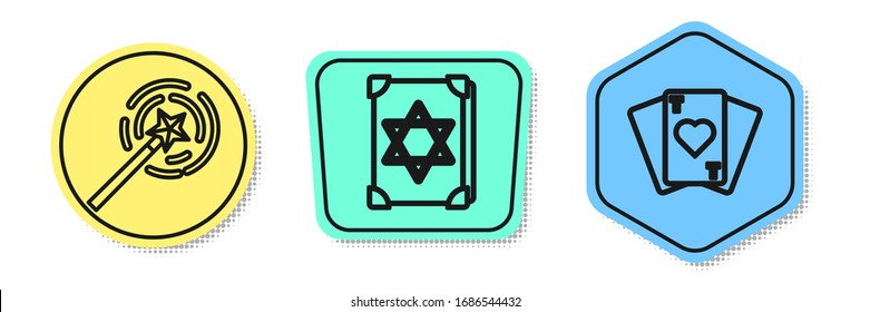 Set line Magic wand, Ancient magic book and Playing cards. Colored shapes. Vector