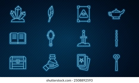 Set line Magic wand, Ancient magic book, hand mirror, stone, Sword in the and feather icon. Vector