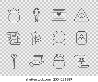 Set line Magic wand, Ancient magic book, Antique treasure chest, Magician hat in hand, Witch cauldron, Bottle with love potion,  and  icon. Vector