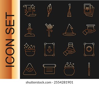 Set line Magic wand, Ancient magic book, Magician hat in hand, Witches broom, staff, Sword the stone,  and  icon. Vector