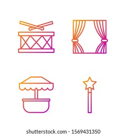 Set line Magic wand, Attraction carousel, Drum with drum sticks and Curtain. Gradient color icons. Vector