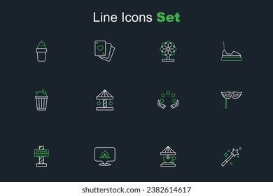 Set line Magic wand, Attraction carousel, Circus tent, Festive mask, Juggling ball,  and Popcorn cardboard box icon. Vector
