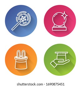 Set line Magic wand, Magic ball, Magician hat and rabbit ears and Magician hat in hand. Color circle button. Vector