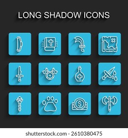 Set line Magic wand, Bear paw footprint, Medieval bow, Ancient coin, poleaxe, shield with, Sword blood and Bottle potion icon. Vector