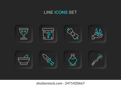 Set line Magic wand, Bottle with love potion, Dagger, Witch cauldron, Hand holding fire, Bow tie, Mystery box and Medieval goblet icon. Vector