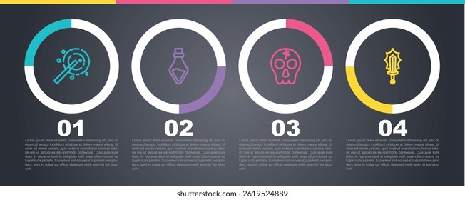 Set line Magic wand, Bottle with potion, Skull and sword in fire. Business infographic template. Vector