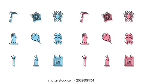 Set line Magic wand, Burning candle, Scythe, Calendar with Halloween date 31 october, Eye, Skull on crossbones, Zombie hand and Spider web icon. Vector