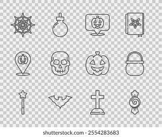 Set line Magic wand, Candy, Pumpkin, Flying bat, Spider web, Skull, Tombstone with cross and Halloween witch cauldron icon. Vector