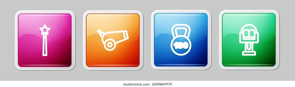 Set line Magic wand, Cannon, Weight and Attraction carousel. Colorful square button. Vector