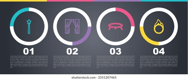 Definir linha Varinha mágica, Cortinas de circo eleva, trampolim de salto e aro de fogo. Modelo de infográfico comercial. Vetor