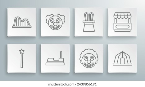 Set line Magic wand, Clown head, Bumper car, Circus tent, Magician hat rabbit ears, Fast street food cart and Roller coaster icon. Vector