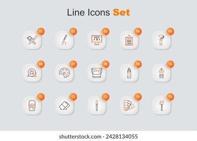 Set line Magic wand, Color palette guide, Paint brush, Eraser rubber, bucket, Fountain pen nib, Marker and  icon. Vector