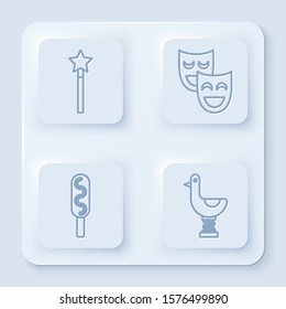 Set line Magic wand, Comedy theatrical masks, Corn dog and Riding kid duck. White square button. Vector