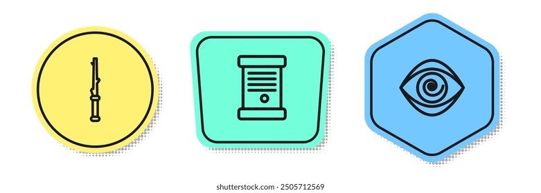 Set line Magic wand, Decree, paper, parchment, scroll and Hypnosis. Colored shapes. Vector