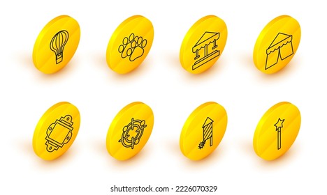 Set line Magic wand, Firework rocket, Target sport for shooting competition, Ticket, Circus tent, Attraction carousel, Paw print and Hot air balloon icon. Vector