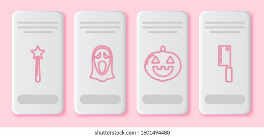 Set line Magic wand , Funny and scary ghost mask for Halloween , Pumpkin  and Meat chopper . White rectangle button. Vector
