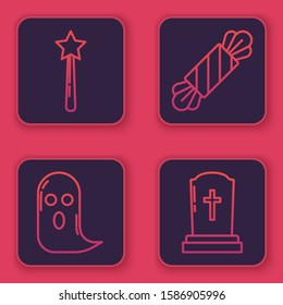 Set line Magic wand , Ghost , Candy  and Tombstone with cross . Blue square button. Vector