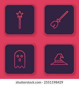 Set line Magic wand, Ghost, Witches broom and hat. Blue square button. Vector