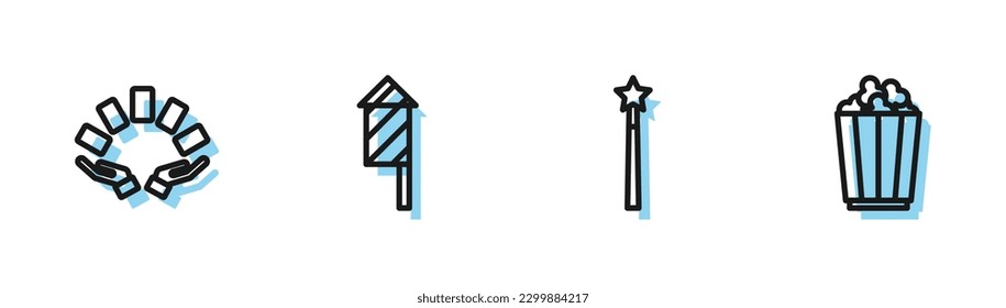 Set line Magic wand, Hand holding playing cards, Firework rocket and Popcorn box icon. Vector