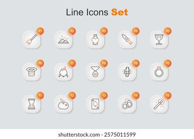 Set line Magic wand, Handcuffs, Playing cards, Poison apple, Old hourglass, stone ring,  and Medallion chain with eye icon. Vector