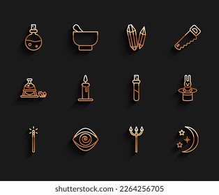 Set line Magic wand, Hypnosis, Bottle with love potion, Neptune Trident, Moon stars, Burning candle in candlestick, Magician hat rabbit and  icon. Vector