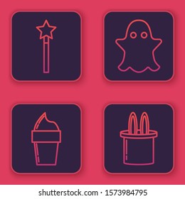 Set line Magic wand, Ice cream in waffle cone, Ghost and Magician hat and rabbit ears. Blue square button. Vector