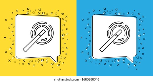 Set line Magic wand icon isolated on yellow and blue background. Star shape magic accessory. Magical power.  Vector Illustration