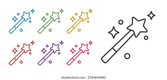 Set line Magic wand icon isolated on white background. Star shape magic accessory. Magical power. Set icons colorful. Vector