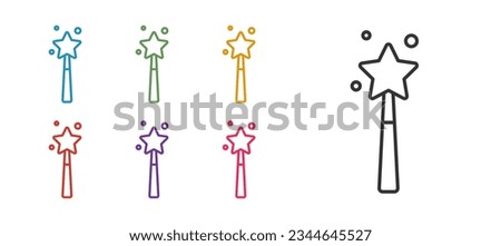Set line Magic wand icon isolated on white background. Star shape magic accessory. Magical power. Set icons colorful. Vector