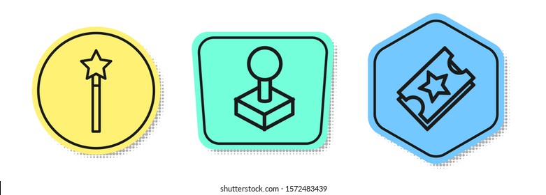 Set line Magic wand, Joystick for arcade machine and Ticket. Colored shapes. Vector