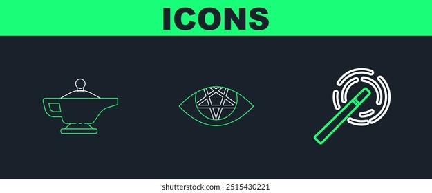 Establecer línea Varita mágica, lámpara o icono de Aladdin y Pentagram. Vector