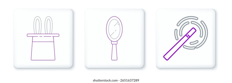 Set line Magic wand, Magician hat rabbit ears and hand mirror icon. Vector