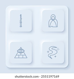 Set line Magic wand, Mantle, cloak, cape, Masons and fog or smoke. White square button. Vector