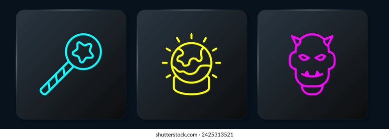 Set line Magic wand, Mask of the devil with horns and ball. Black square button. Vector