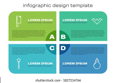 Set line Magic wand, Meat chopper, Bomb ready to explode and Flying bat. Business infographic template. Vector