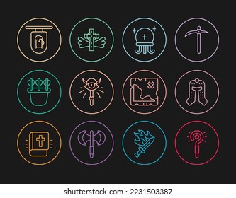 Línea Mágica, casco medieval, pelota, personal, Quiver con flechas, letrero de la calle Bar, mapa del tesoro pirata e icono de la cruz cristiana. Vector