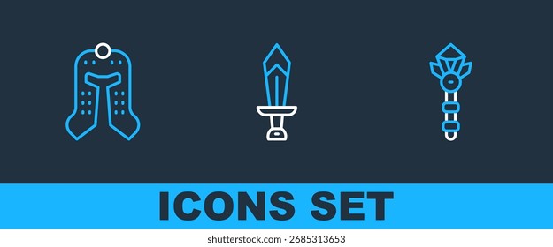 Set line Varita mágica, casco medieval y espada para el icono del juego. Vector