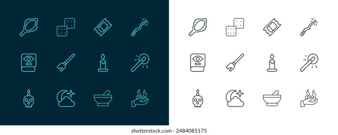 Set line Magic wand, Moon stars, Burning candle, Witch cauldron, Witches broom, Circus ticket, hand mirror and Game dice icon. Vector