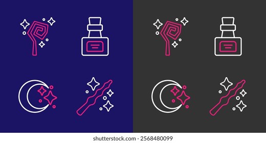 Set line Magic wand, Moon stars, Bottle with potion and staff icon. Vector