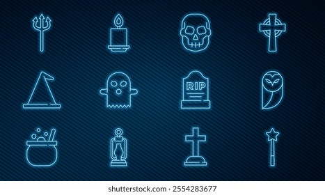 Set line Magic wand, Owl, Skull, Ghost, Witch hat, Neptune Trident, Tombstone with RIP written and Burning candle icon. Vector