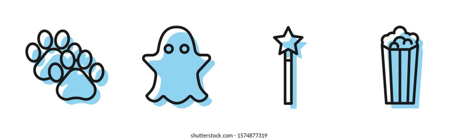 Set line Magic wand, Paw print, Ghost and Popcorn in cardboard box icon. Vector