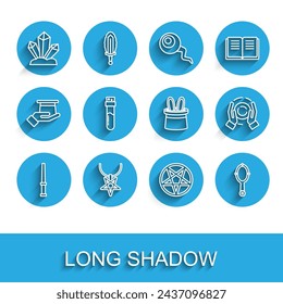 Set line Magic wand, Pentagram on necklace, stone, in circle, hand mirror, Bottle with potion, ball and Magician hat rabbit ears icon. Vector