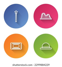 Set line Magic wand, Roller coaster, Circus ticket and Clown hat. Color circle button. Vector