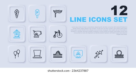 Die Linie Zauberstab, Roller-Coaster, Cannon, Circus Zelt, Traktionskarussell, Zylinderhut, Eiscreme und Ikone. Vektorgrafik